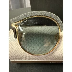 Vintage Jimmy Choo Black Glitter and Gold Sunglasses with Cream Reptile Case